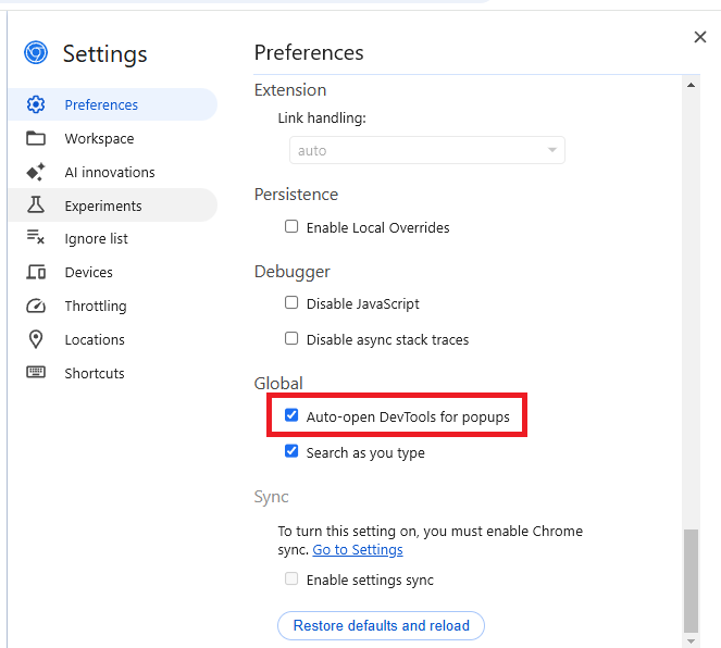 Google Dev Tools Settings Screenshot